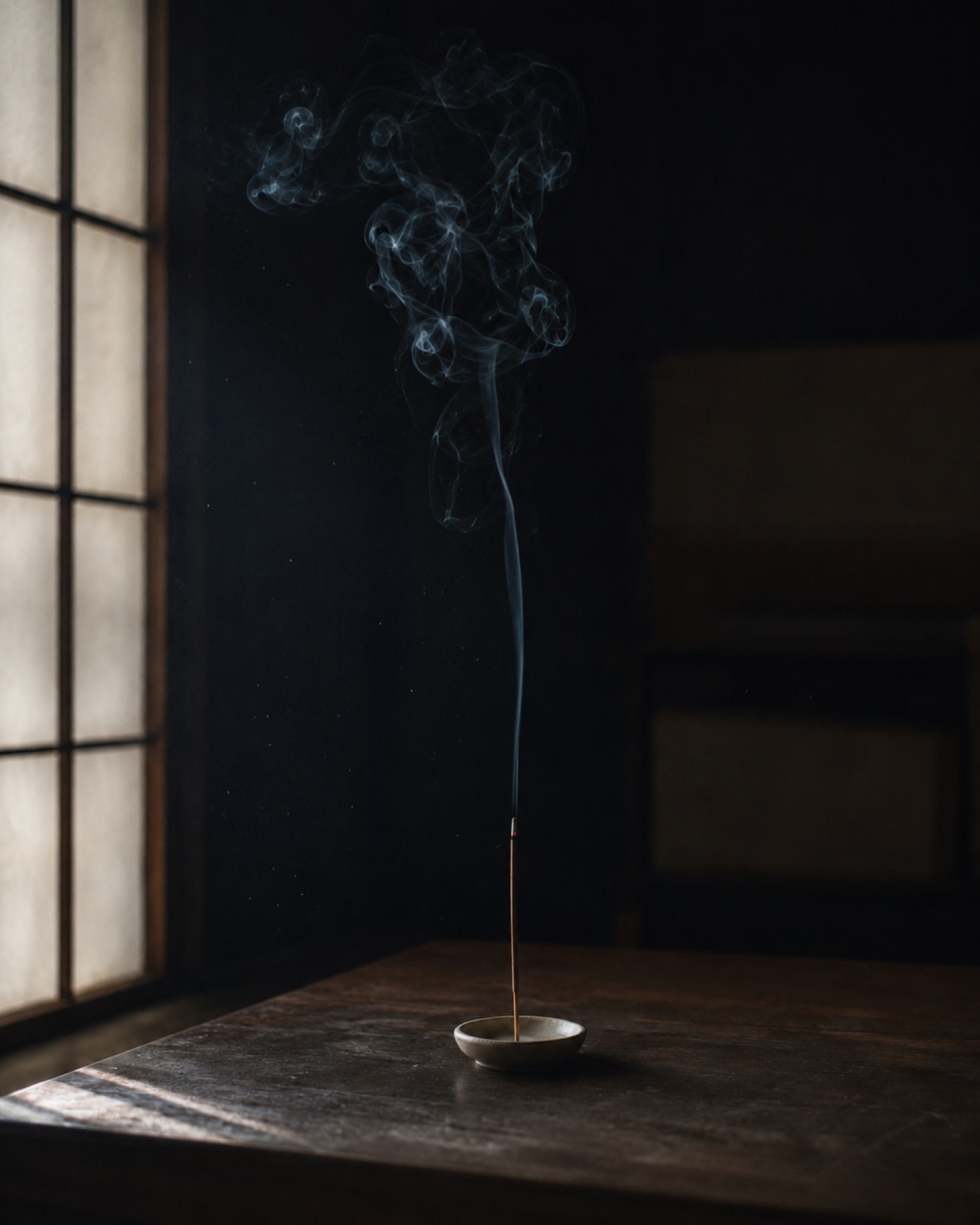 障子ごしの冬の朝の光と、立ちのぼる一筋の香煙